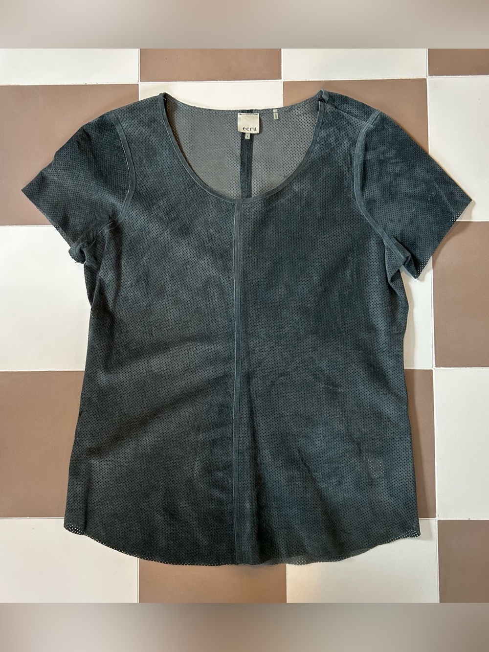 Ecru Perforated Suede Tee Size S Gray Genuine Leather Top